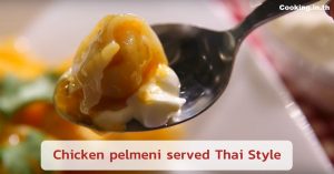 Chicken pelmeni served Thai Style
